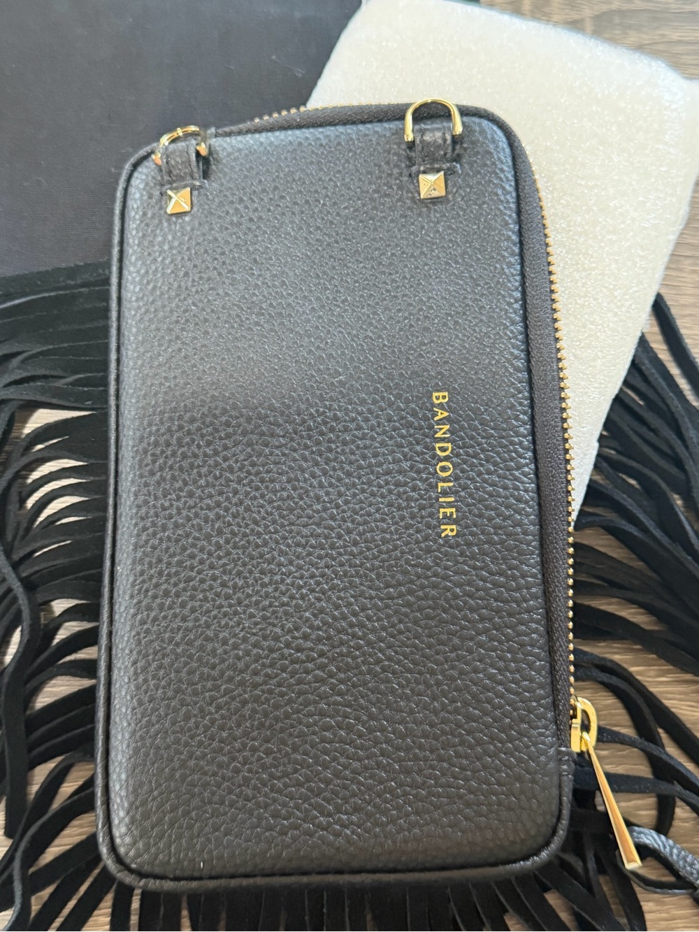 Bandolier Black Leather Fringe Pouch with Gold Zip - Picture 2 of 5